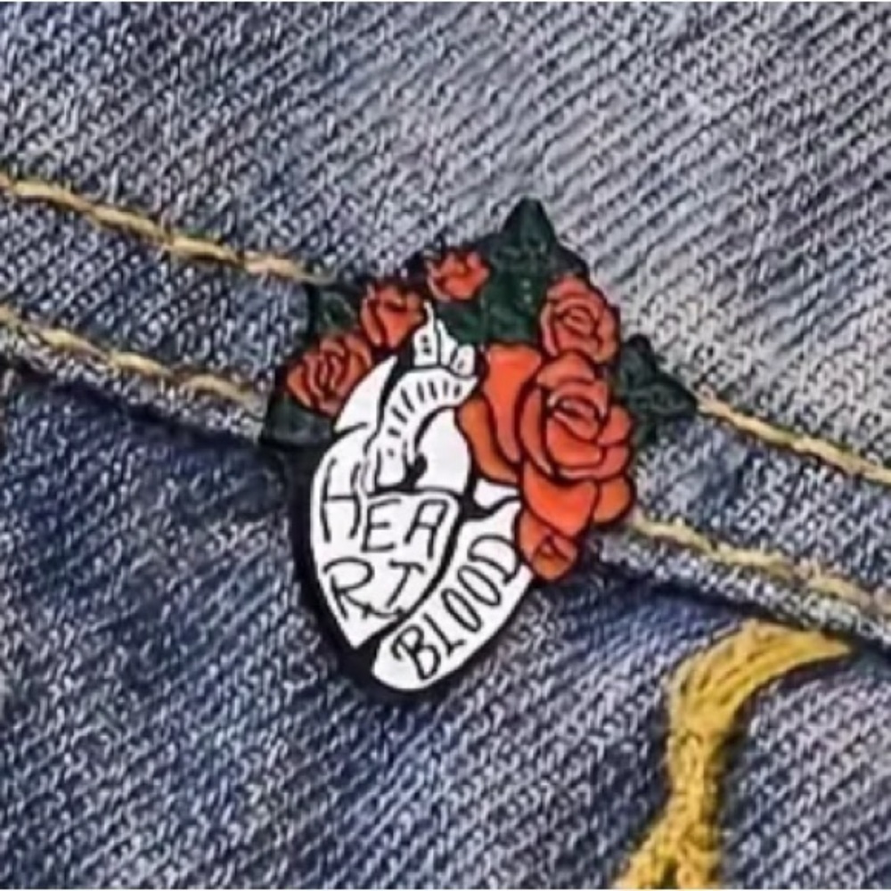Anatomy Pin Broach Heart with Flowers Roses Floral Organ Acrylic Pin Whimsigoth
